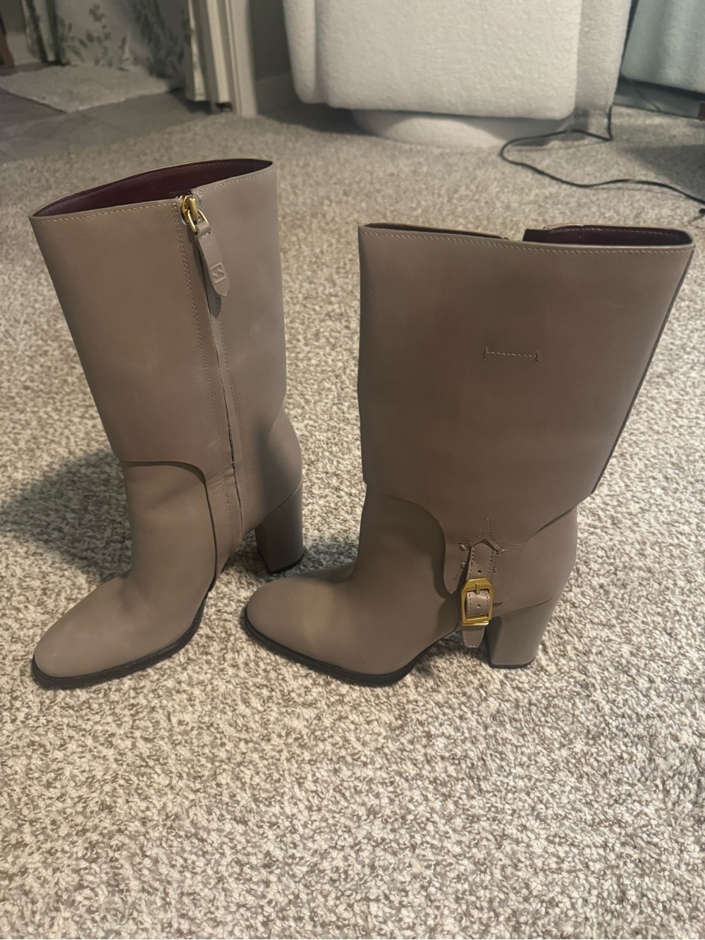 Franco Sarto Taupe Leather Mid-Calf Boots with Gold Buckle